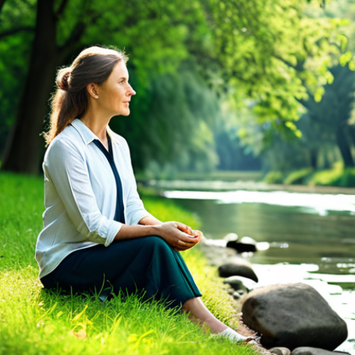 Relaxed Teacher in Nature**

"A fully clothed female teacher sitting peacefully by a flowing river in a green park, appropriate attire, safe for work, natural sunlight, perfect anatomy, correct proportions, deep breathing exercise, calm expression, professional photography, high resolution, family-friendly, serene environment."

**