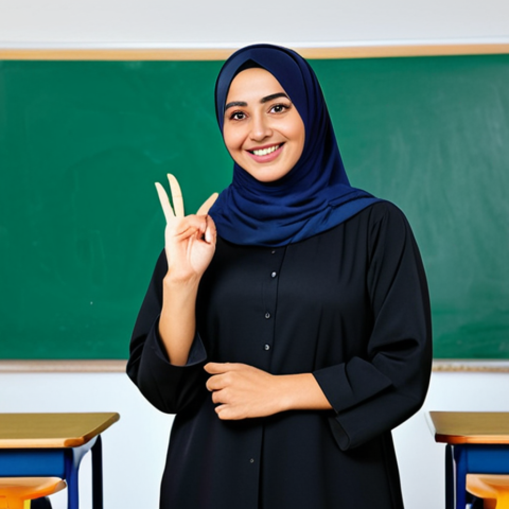 **

"A professional female teacher in a fully clothed, modest abaya and hijab, smiling warmly in a bright and welcoming modern classroom with colorful educational posters in Arabic. Safe for work, appropriate content, family-friendly, perfect anatomy, correct proportions, natural pose, well-formed hands, proper finger count, natural body proportions, high quality."

**