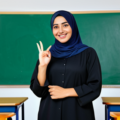 **

"A professional female teacher in a fully clothed, modest abaya and hijab, smiling warmly in a bright and welcoming modern classroom with colorful educational posters in Arabic. Safe for work, appropriate content, family-friendly, perfect anatomy, correct proportions, natural pose, well-formed hands, proper finger count, natural body proportions, high quality."

**