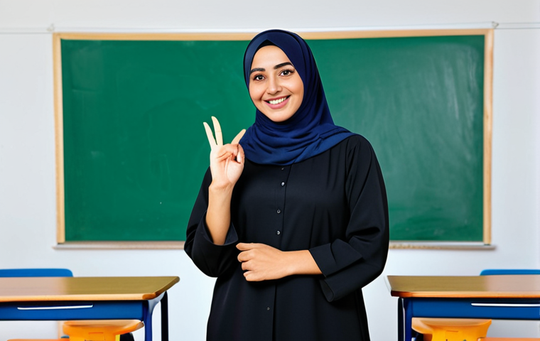 **

"A professional female teacher in a fully clothed, modest abaya and hijab, smiling warmly in a bright and welcoming modern classroom with colorful educational posters in Arabic. Safe for work, appropriate content, family-friendly, perfect anatomy, correct proportions, natural pose, well-formed hands, proper finger count, natural body proportions, high quality."

**