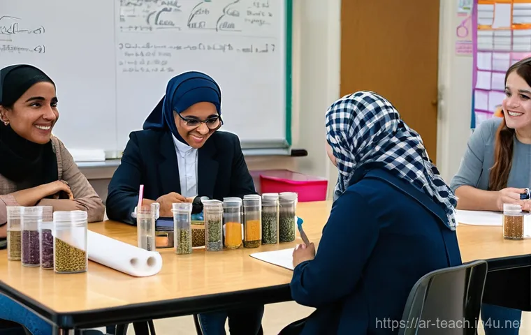 교사 과학 실험 준비 팁 - **Prompt:** "A diverse group of middle school students, dressed in modest, school-appropriate unifor...