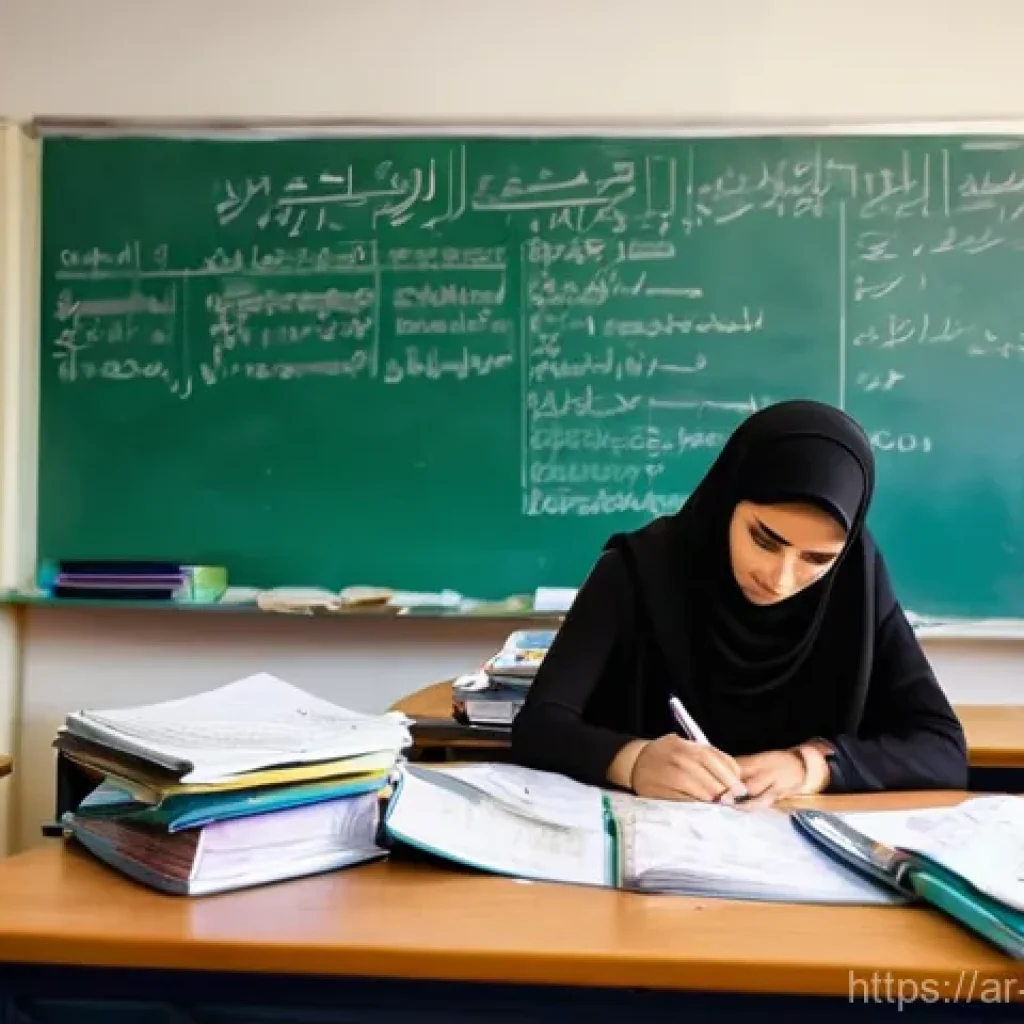 교사 시간 관리 비법 - **Overwhelmed Teacher (Initial State):**
    "A professional, female Arab teacher in her late 30s, d...