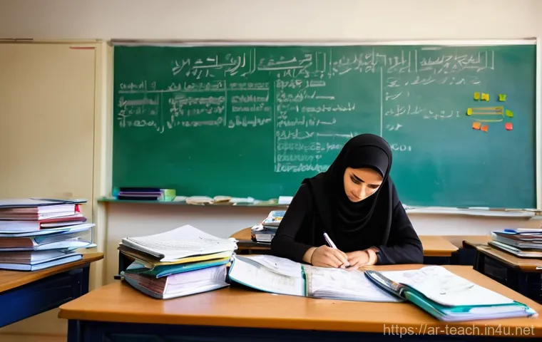 교사 시간 관리 비법 - **Overwhelmed Teacher (Initial State):**
    "A professional, female Arab teacher in her late 30s, d...