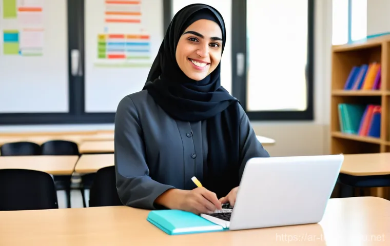 교사 시간 관리 비법 - **Overwhelmed Teacher (Initial State):**
    "A professional, female Arab teacher in her late 30s, d...