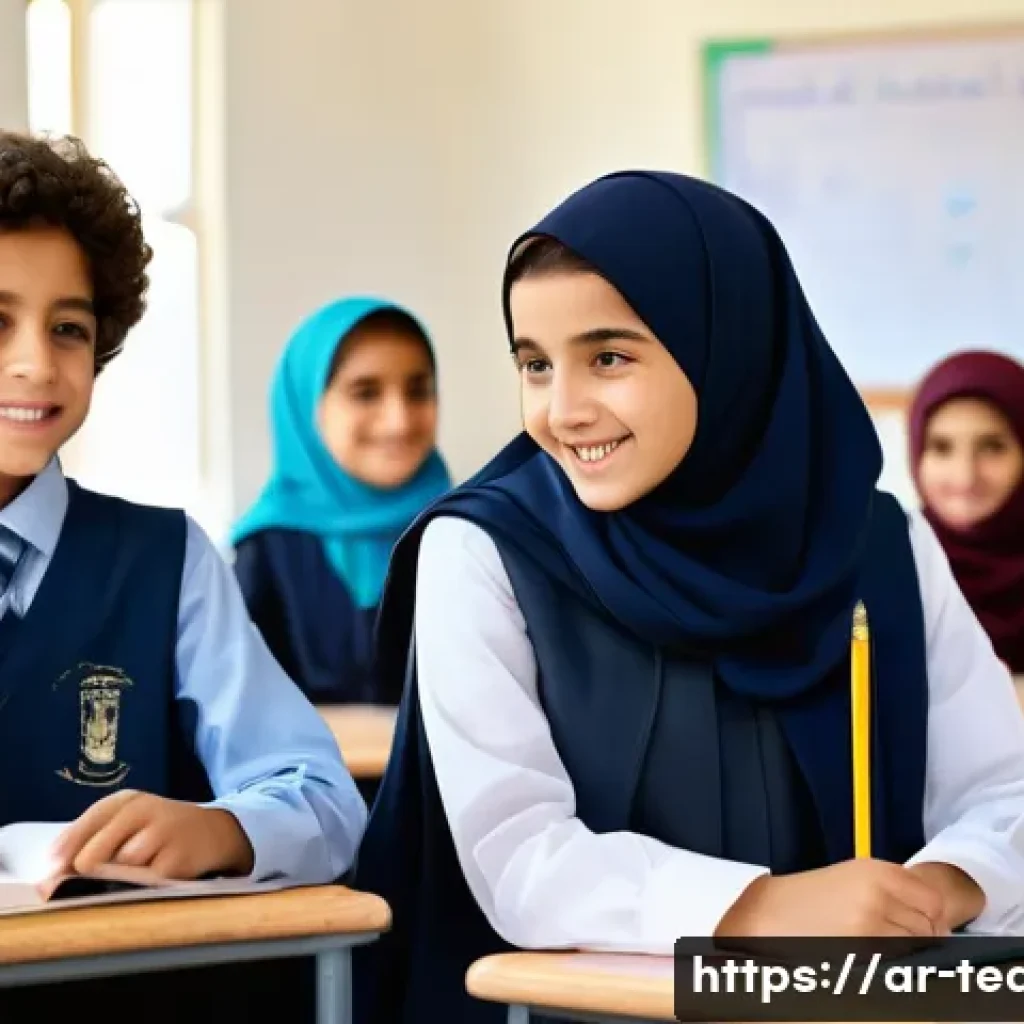교사 동기유발 교재 제작법 - **Prompt:** A heartwarming and vibrant classroom scene in an Arab country, depicting a diverse group...
