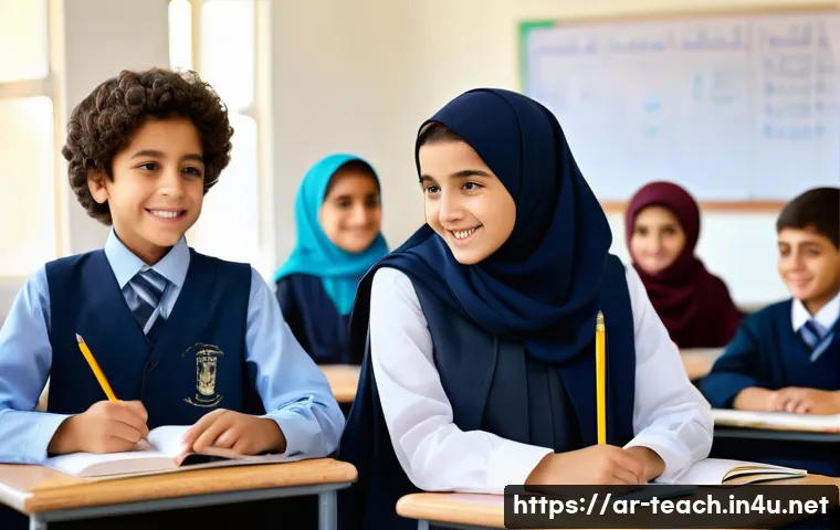 교사 동기유발 교재 제작법 - **Prompt:** A heartwarming and vibrant classroom scene in an Arab country, depicting a diverse group...