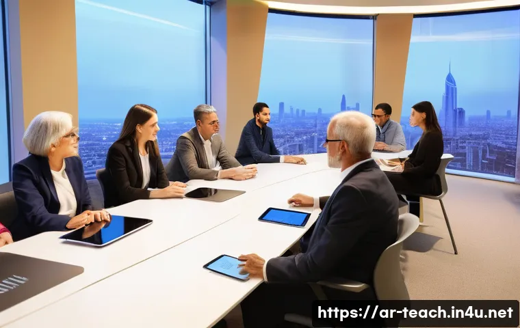 교사 교육 협업 사례 - A diverse group of professional educators, male and female, of varying ages, actively engaging in an...