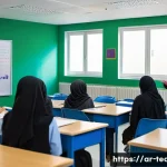교사 학생 학습 동기 유발 방법 - A bright and modern classroom scene in an Arabic school setting, featuring a diverse group of enthus...