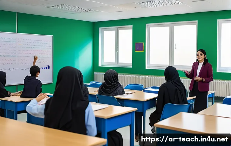 교사 학생 학습 동기 유발 방법 - A bright and modern classroom scene in an Arabic school setting, featuring a diverse group of enthus...