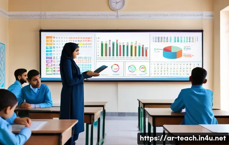 교사 데이터 기반 교육 설계 - A modern classroom scene in a Middle Eastern school setting, featuring a diverse group of Arabic-spe...