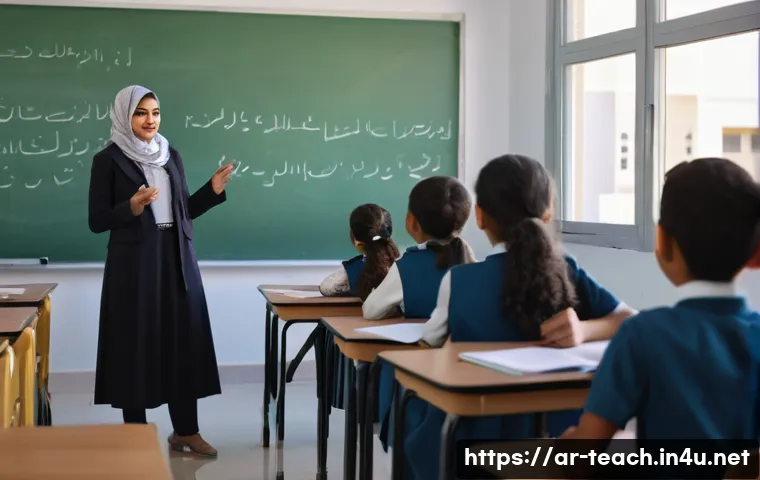 교사 수업평가 작성 요령 - A detailed classroom scene set in a modern Middle Eastern school during a lesson evaluation. The tea...