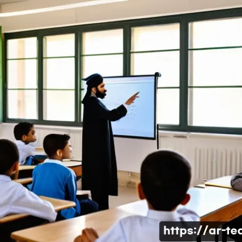 교사 학습자 중심 수업 설계 - A modern Arabic classroom scene with a diverse group of attentive students and a teacher acting as a...