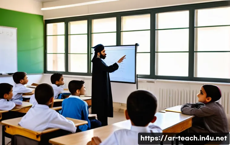 교사 학습자 중심 수업 설계 - A modern Arabic classroom scene with a diverse group of attentive students and a teacher acting as a...