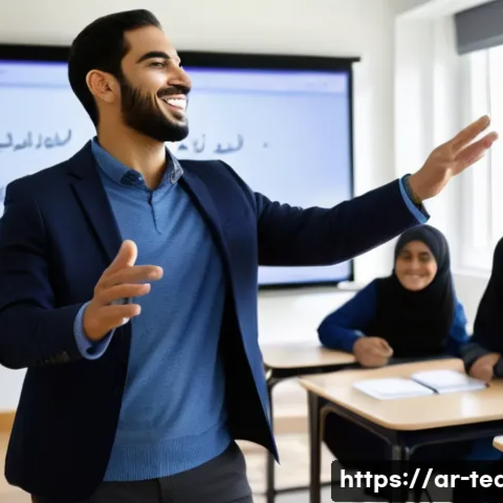 교사 자기 평가 작성법 - A professional Arab male teacher in a modern classroom setting, wearing modest business casual attir...