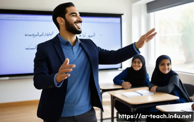 교사 자기 평가 작성법 - A professional Arab male teacher in a modern classroom setting, wearing modest business casual attir...