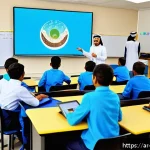 교사 교육 트렌드 파악 방법 - A modern interactive teacher workshop scene set in a bright, spacious classroom with Arabic cultural...