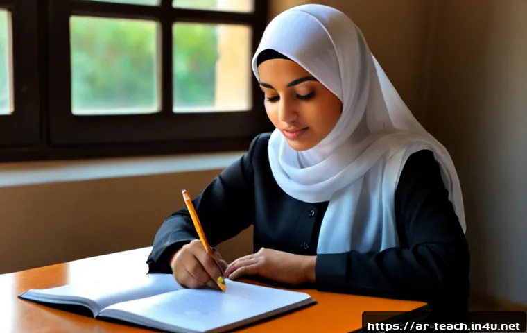 교사 교재 분석 방법 - Photorealistic Middle Eastern female teacher in modest professional attire and hijab analyzing an op...